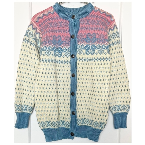 Vintage Swiss Fair Isle Wool Sweater Pastel Nordic Dale Design Ski Cardigan Sz S - Picture 1 of 5
